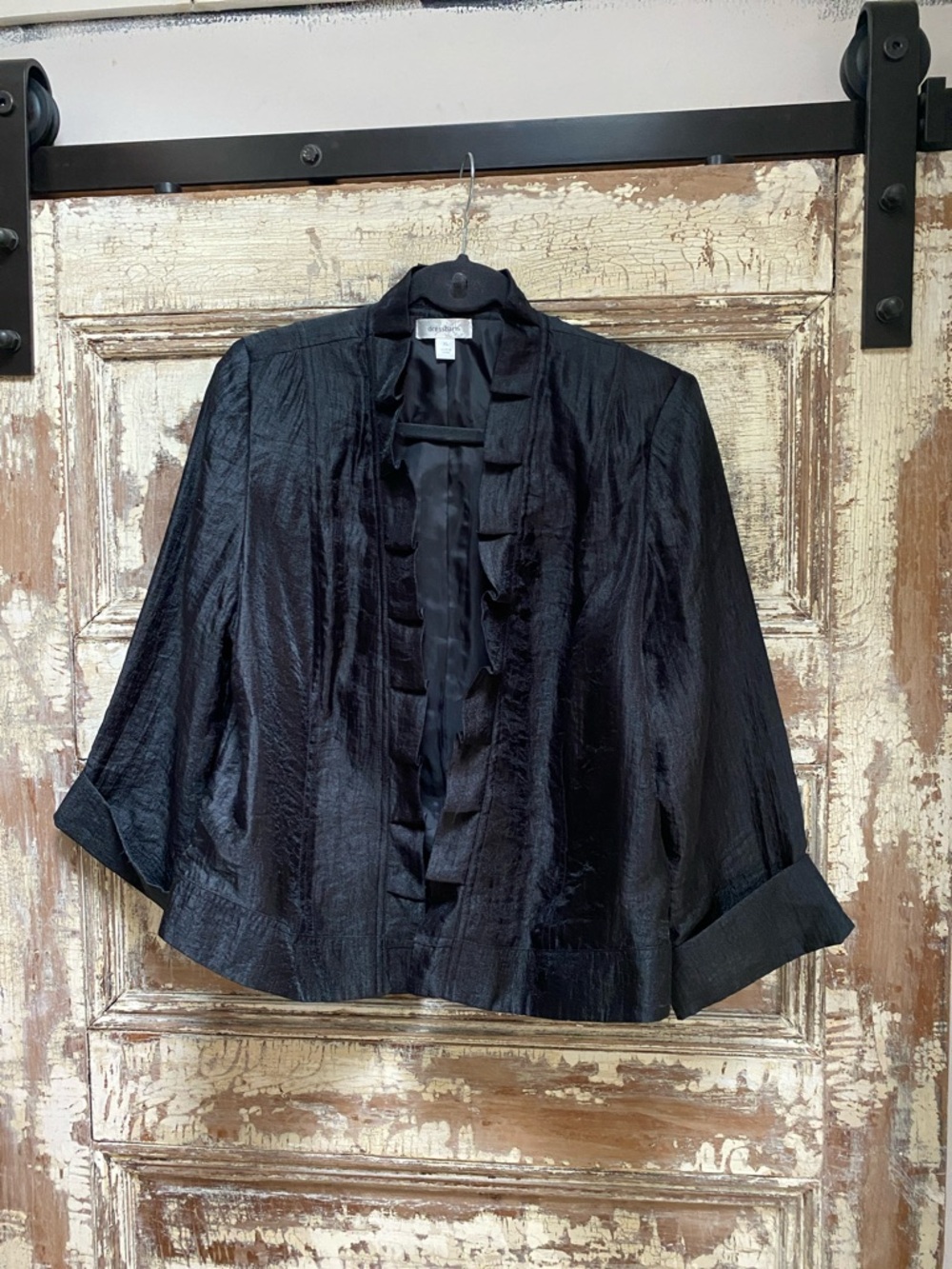 dressbarn Black Shimmer Ruffle-Trim Jacket, Size XL